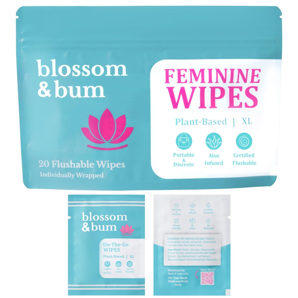 Mark and Lola's Blossom & Bum wipes packaging shown for travel and home use