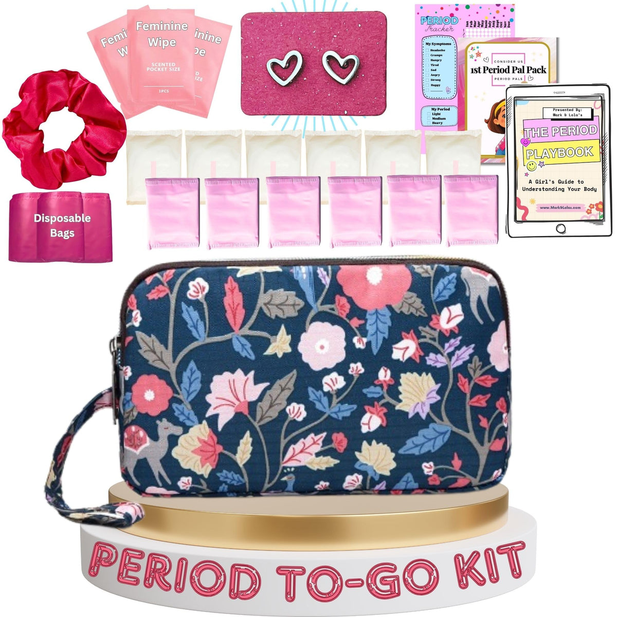Mark and Lola's First Period Pal Pack with a discreet floral bag for privacy on the go.