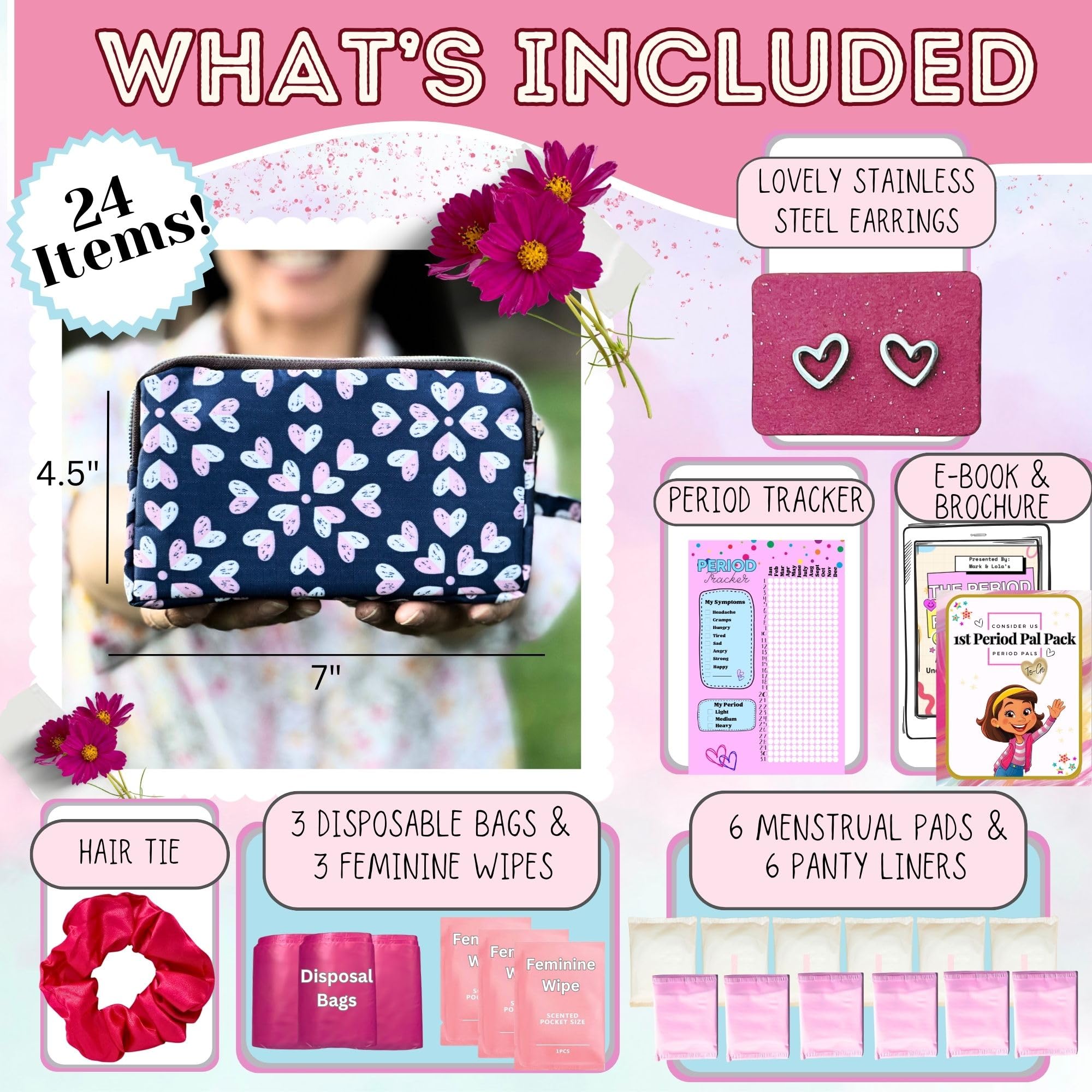 Mark and Lola's pads and liners organized for tween comfort and confidence.