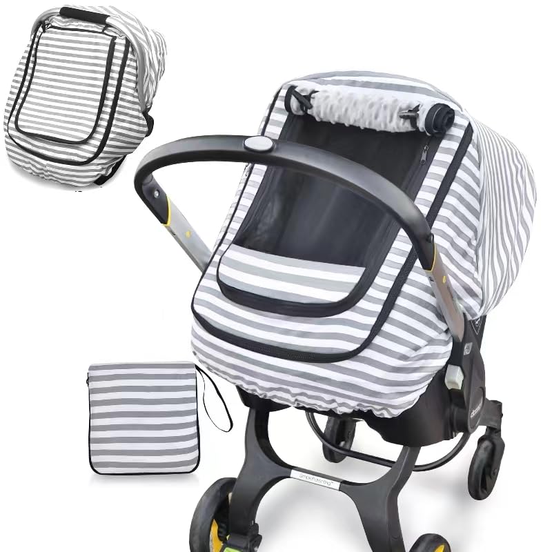 MARLIFER baby car seat cover in grey stripe over a car seat, showing cozy protection.