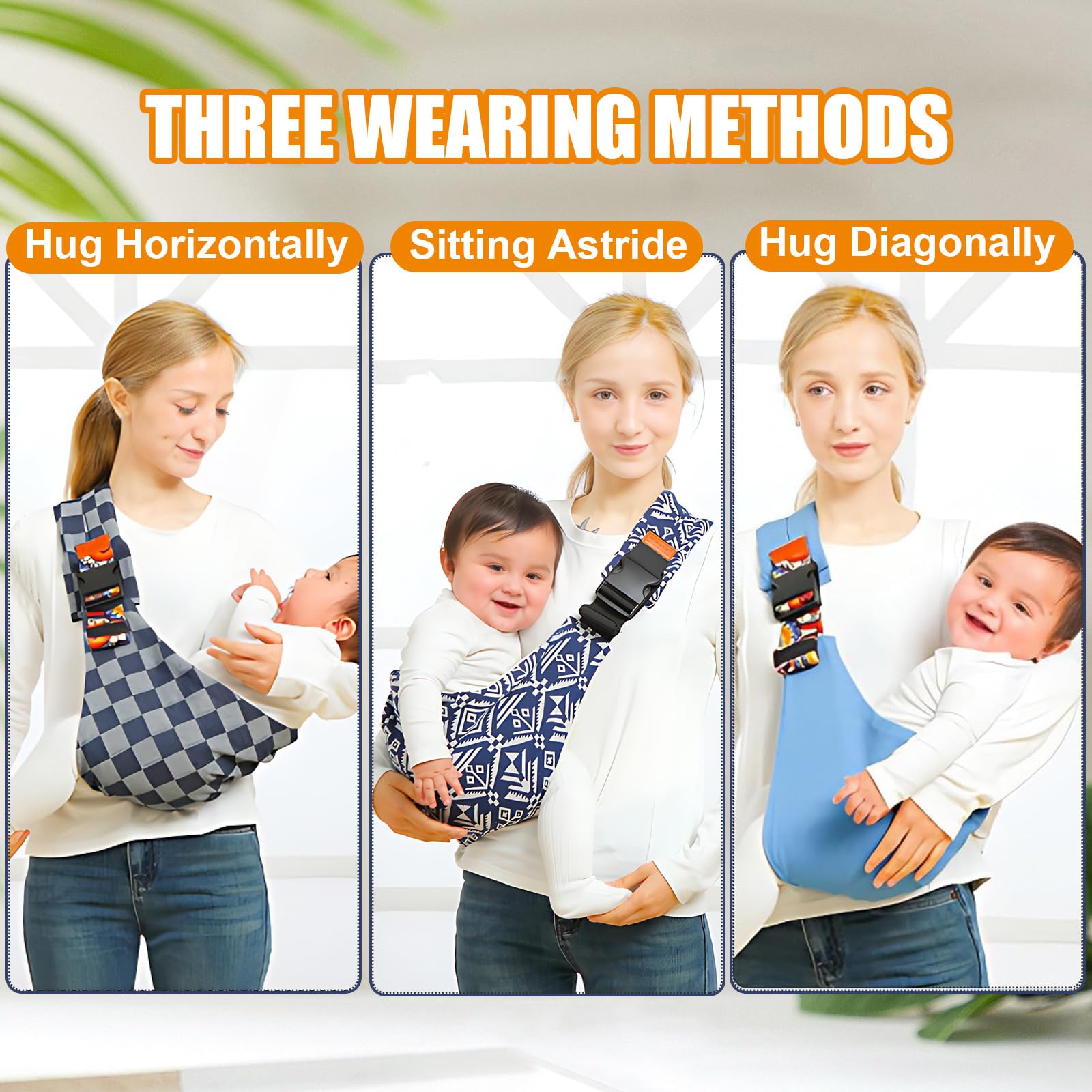 Marrlly sling carrier diagonal hold mode demonstrating ergonomic posture.