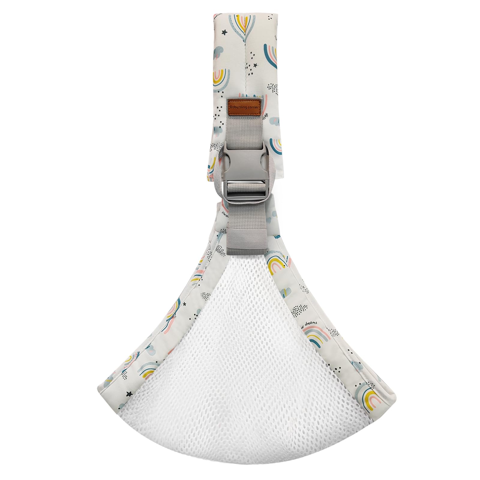 Marrlly baby sling carrier in mesh rainbow, front view shows breathable comfort.