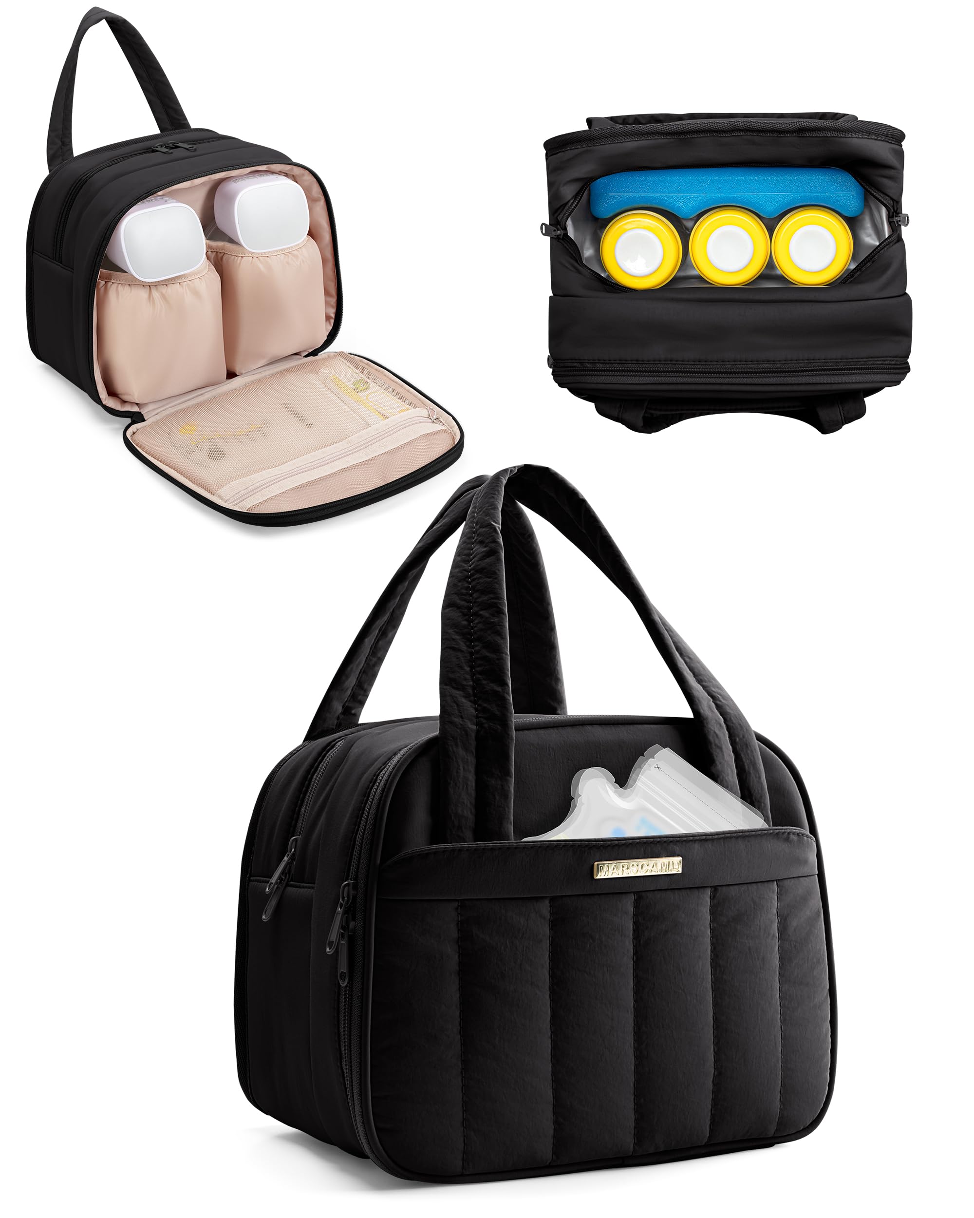 Marscamd quilted wearable breast pump bag front view showing sleek black design for everyday use