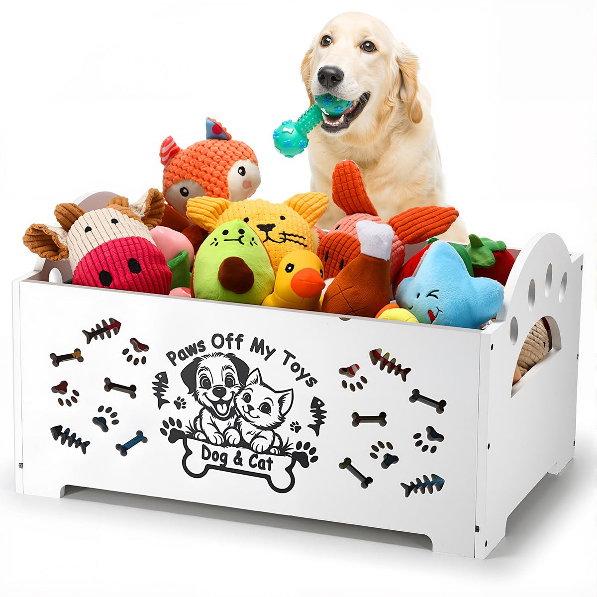 Marsui wooden dog toy bin with handle front view for organized pet gear
