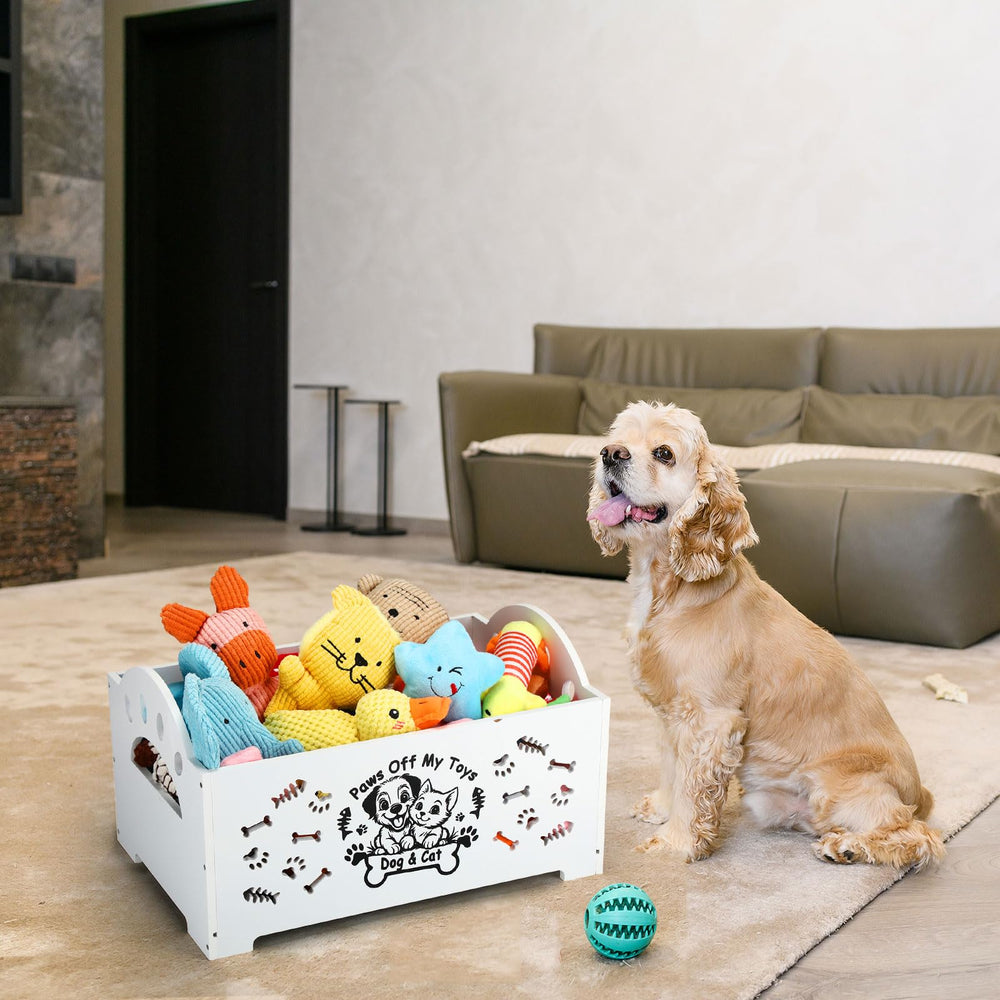 Marsui wooden dog toy bin placed beside sofa for easy access and organization