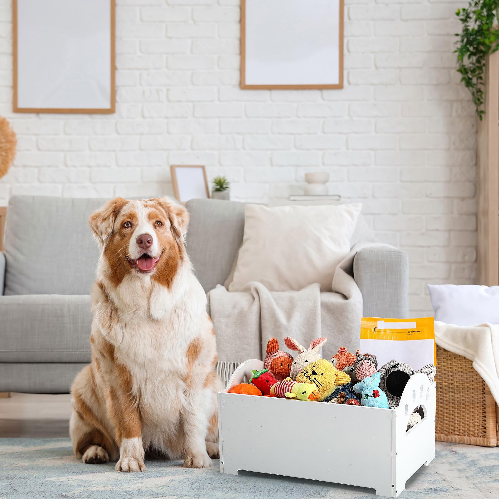 Marsui wooden dog toy bin with paw pattern decor accents in living room