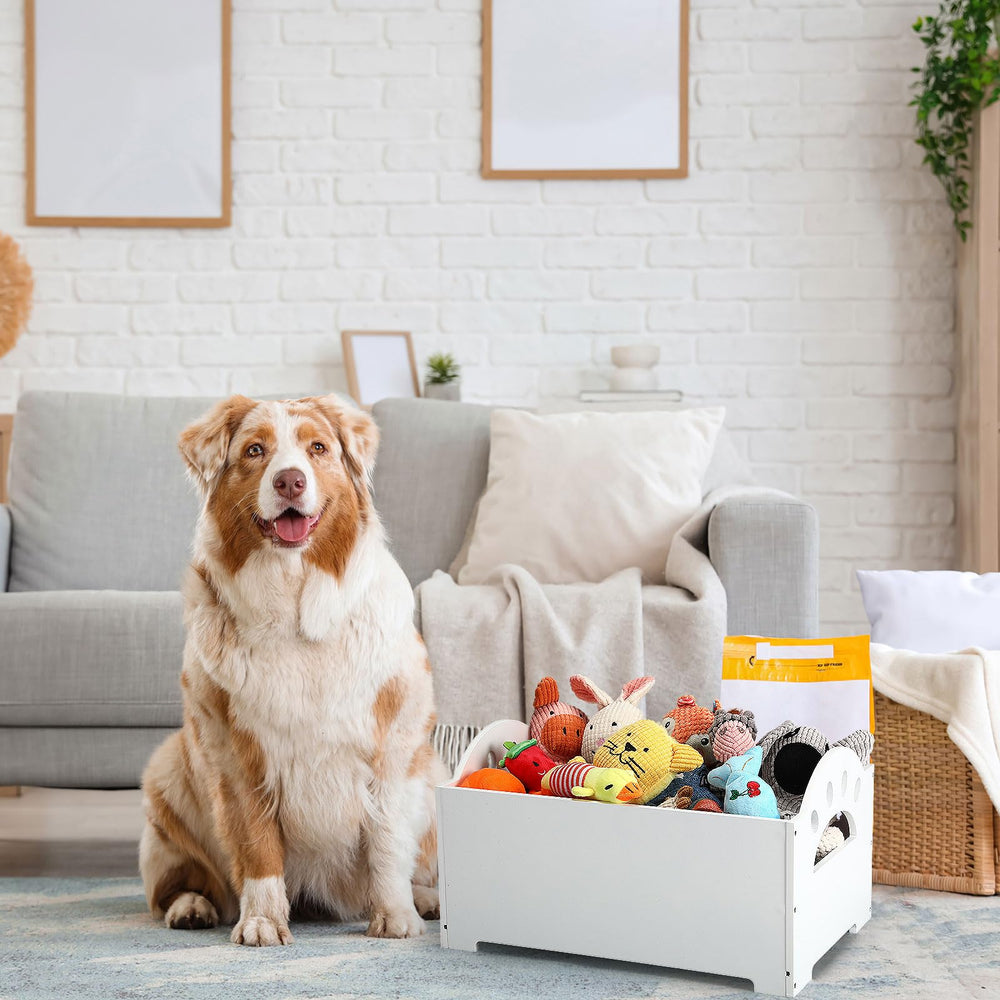 Marsui wooden dog toy bin with paw pattern decor accents in living room