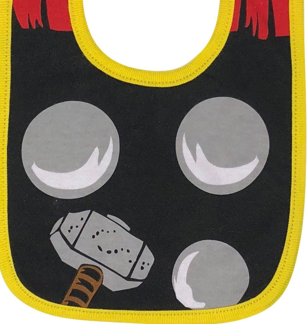 Marvel Avengers bib showing Black Panther print protects clothes during feeding.