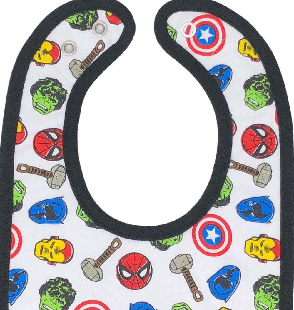 Marvel Avengers bib featuring Captain America print guards outfits during meals.