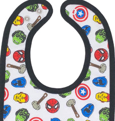 Marvel Avengers bib featuring Captain America print guards outfits during meals.