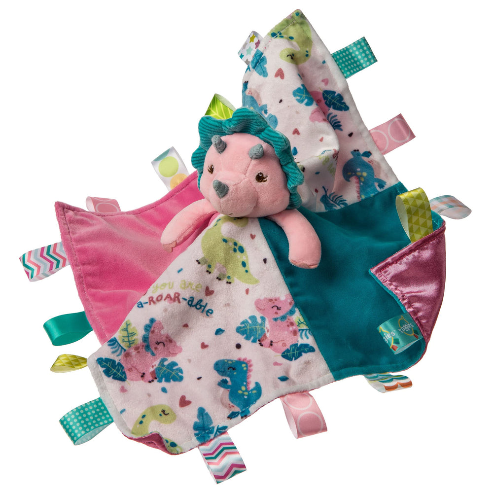 Mary Meyer Taggies Aroar-a-saurus dino on blanket for cozy play and comforting hugs.