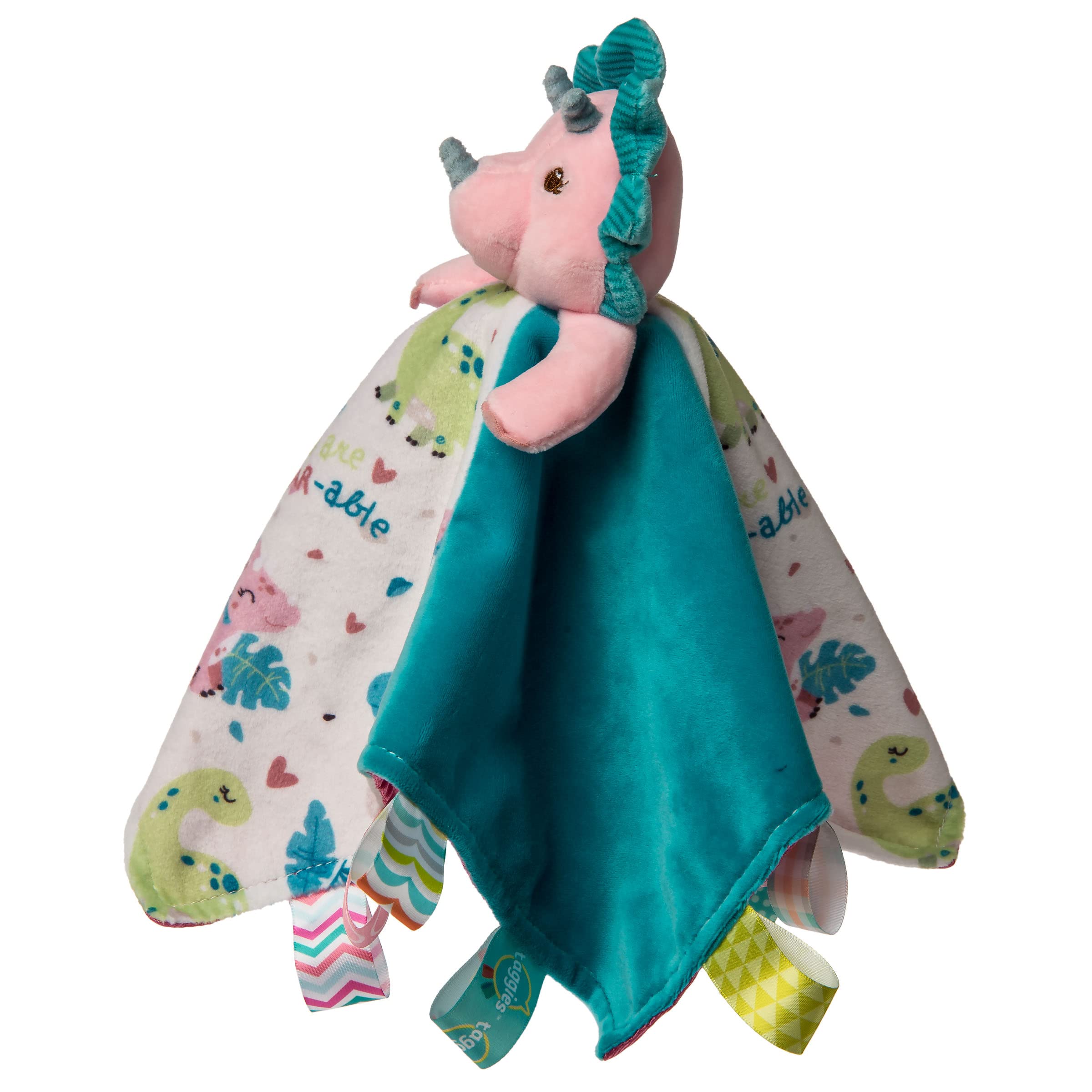 Mary Meyer Taggies Aroar-a-saurus interactive tags offer sensory engagement during quiet playtime.