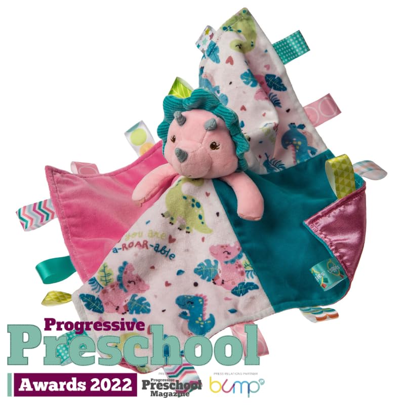 Mary Meyer Taggies Aroar-a-saurus pink dinosaur frill highlights tactile exploration and soft textures.