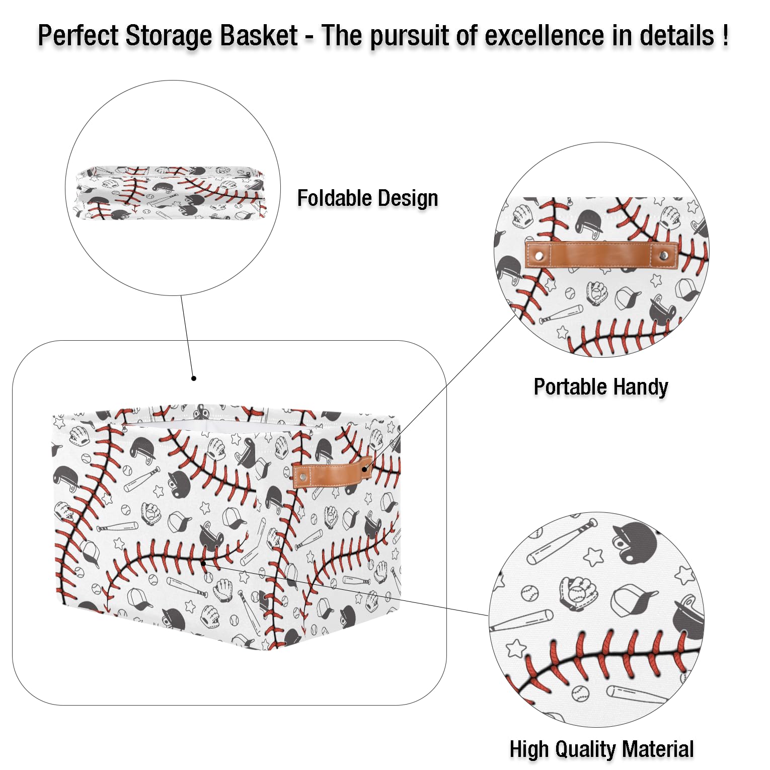 MARYHFENVA baseball storage basket side view highlights durable leather handles