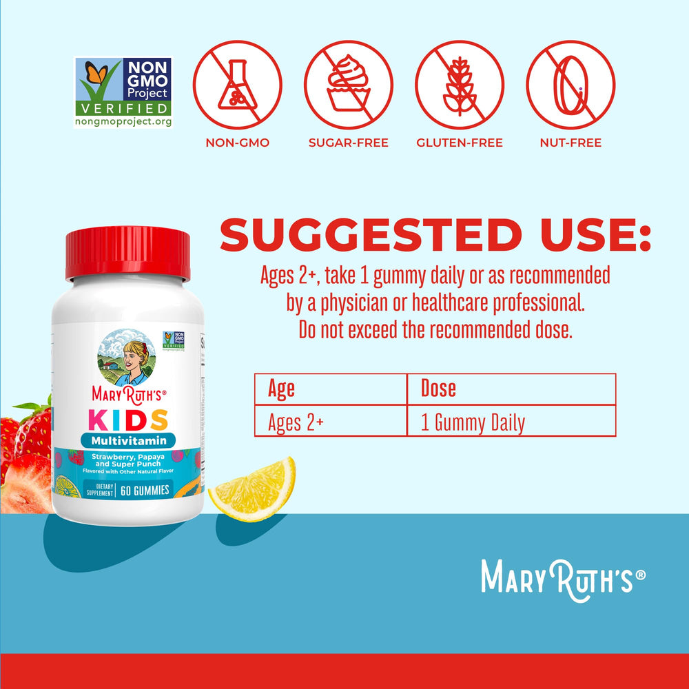 MaryRuth Organics Kids Vitamins flavors display with kid-friendly strawberry papaya super punch