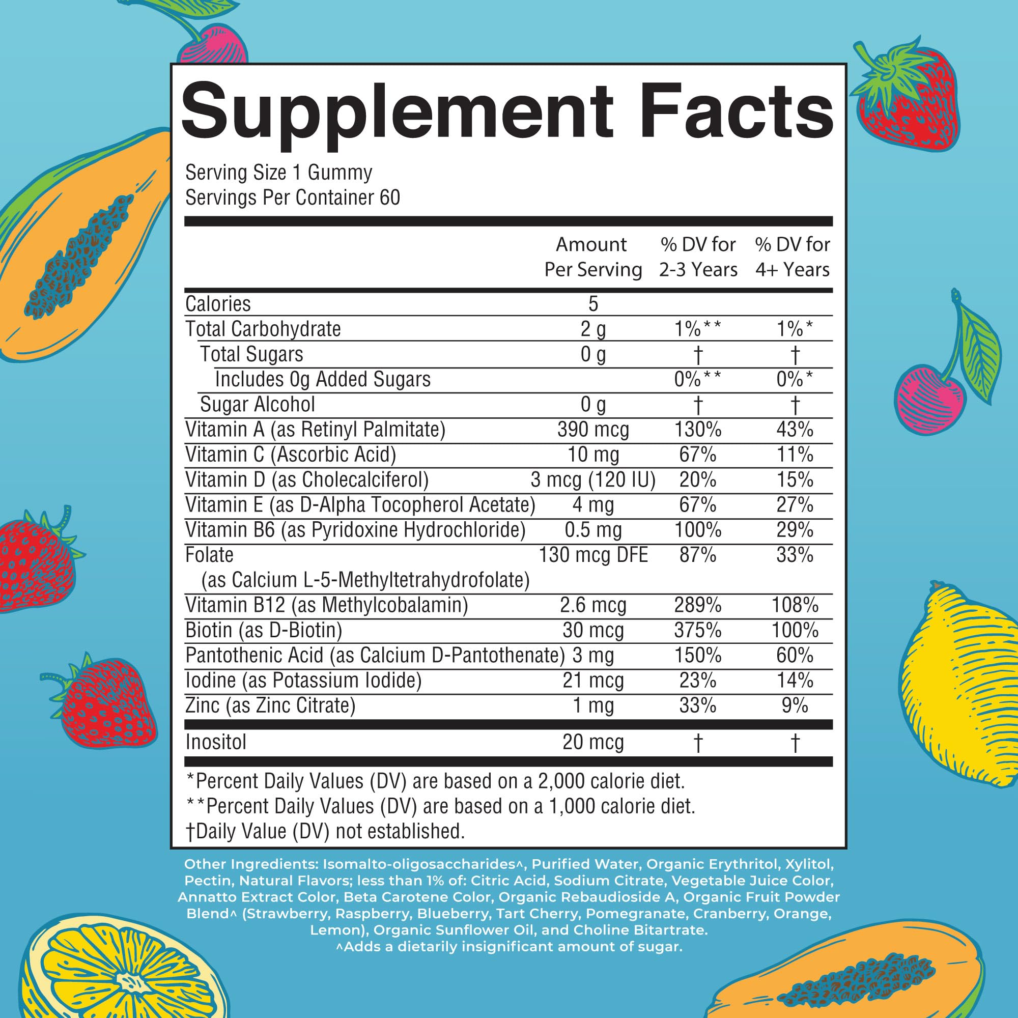 MaryRuth Organics Kids Vitamins label close-up shows vegan, sugar-free formula