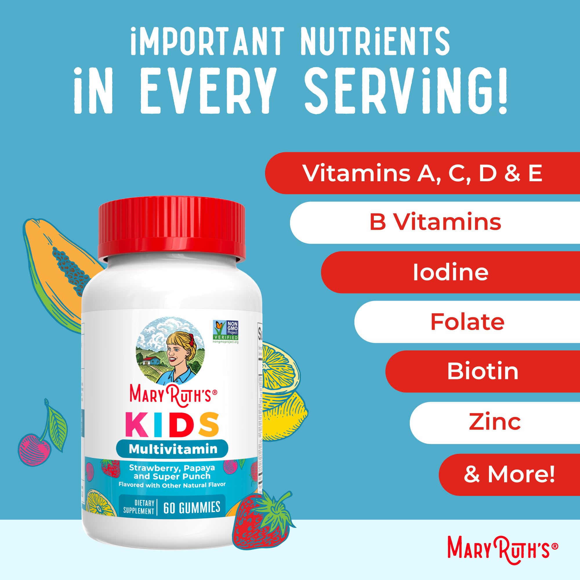 MaryRuth Organics Kids Vitamins sugar-free badge emphasizes flavor without sugar