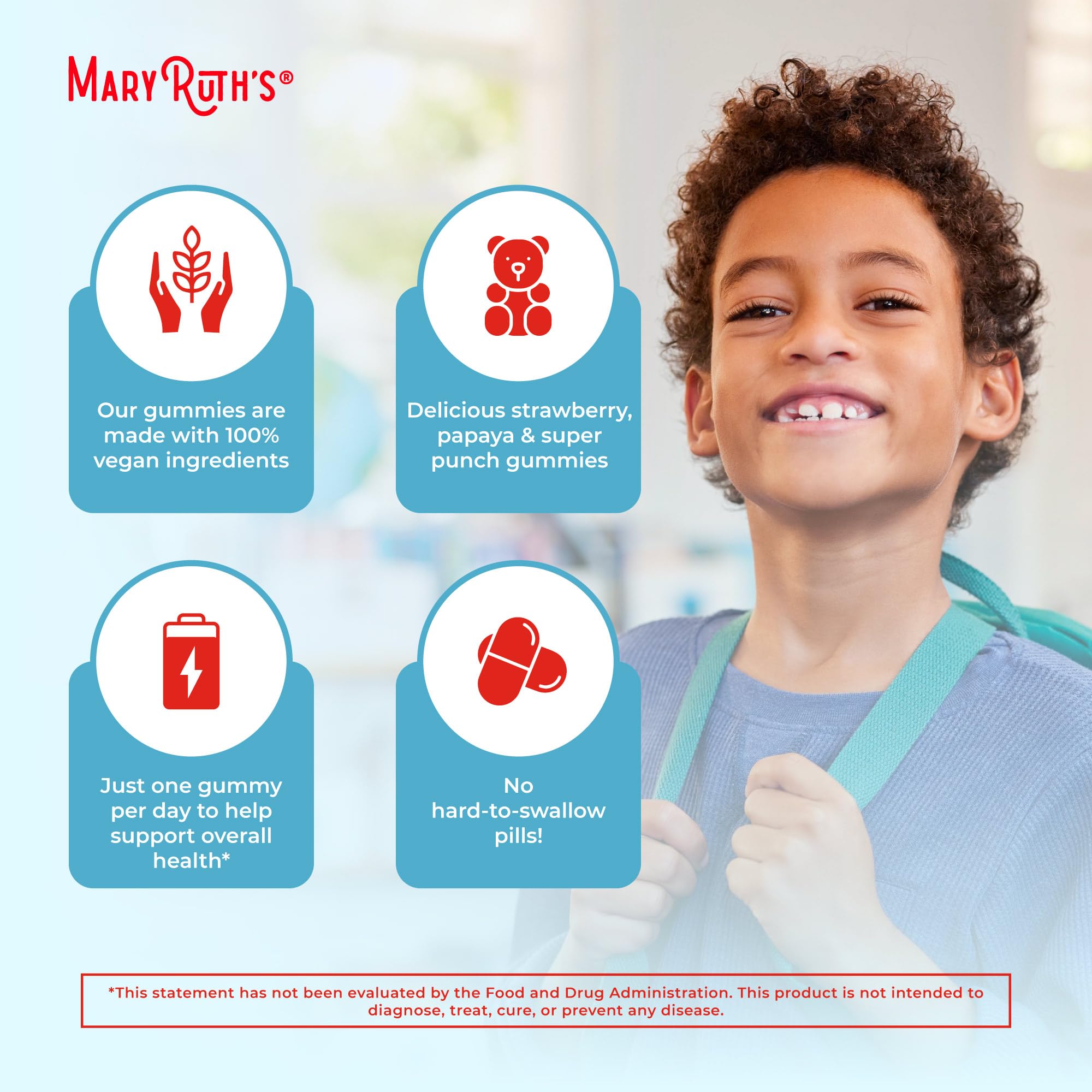 MaryRuth Organics Kids Vitamins vegan gluten-free icons highlight allergy-friendly choice
