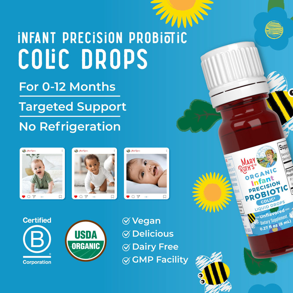 MaryRuth Organics Baby Probiotic Drops bottle with 30 servings notice for long-term supply