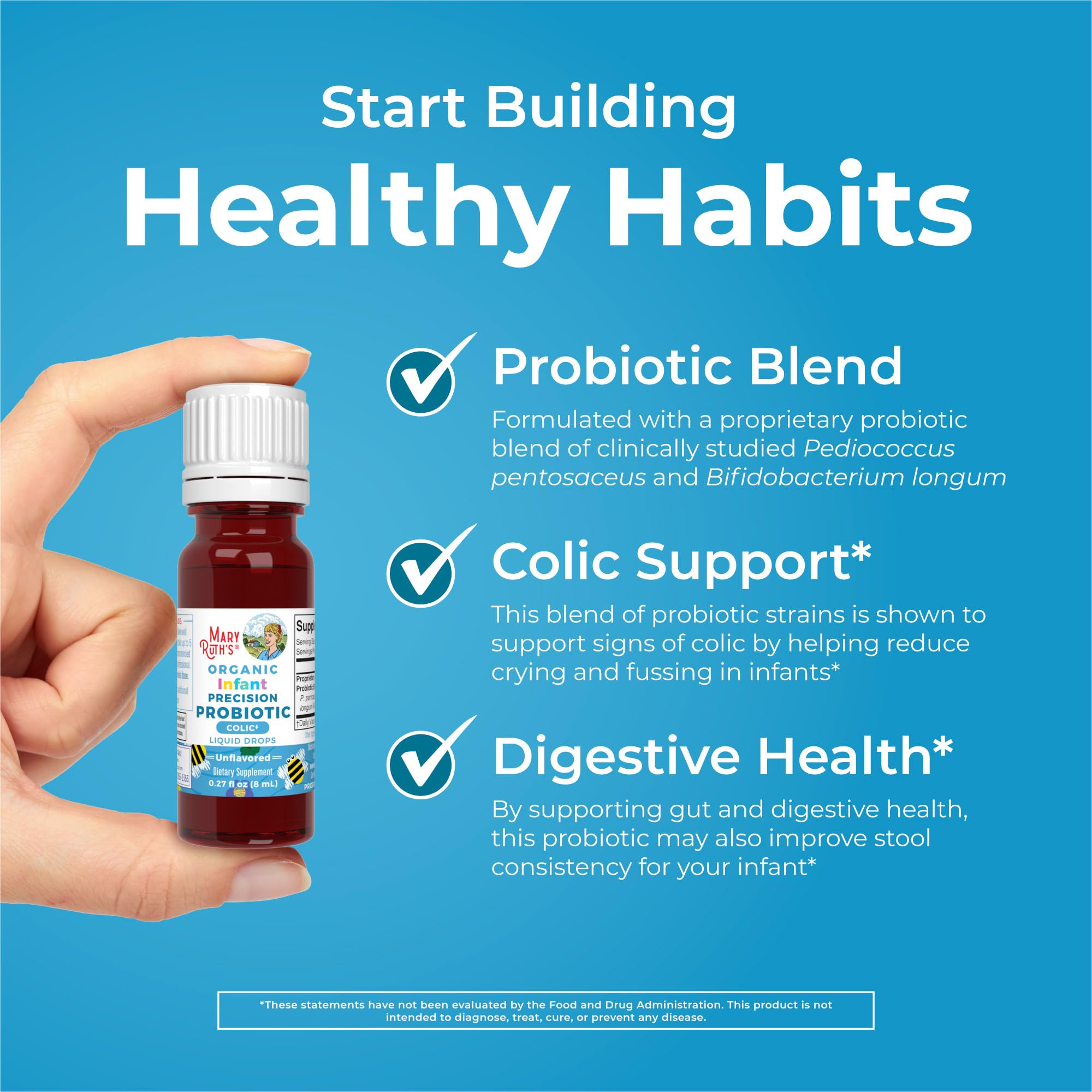 MaryRuth Organics Baby Probiotic Drops showing dosage guidance for ages 0-12 months