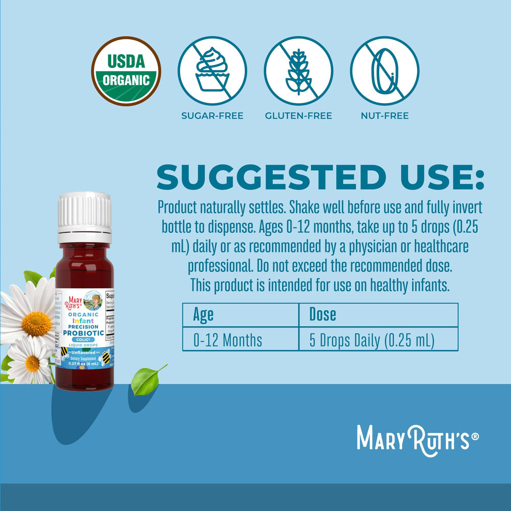 MaryRuth Organics Baby Probiotic Drops dropper closeup illustrating ready-to-use liquid drops