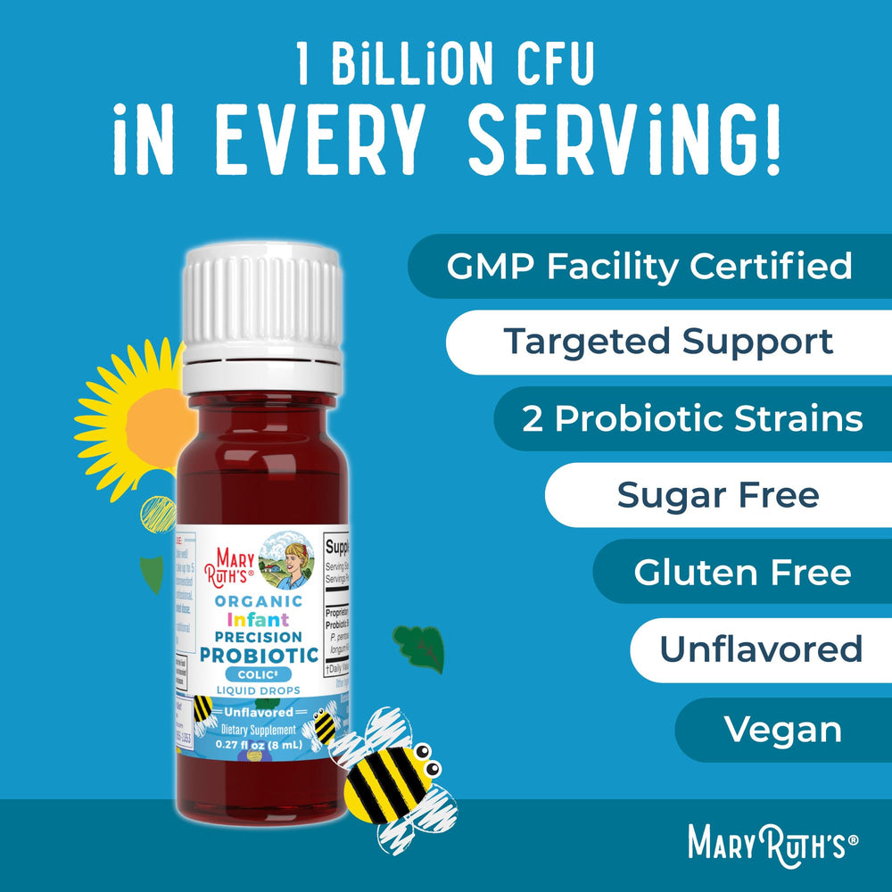MaryRuth Organics Baby Probiotic Drops packaging closeup emphasizes dairy-free and allergen-friendly