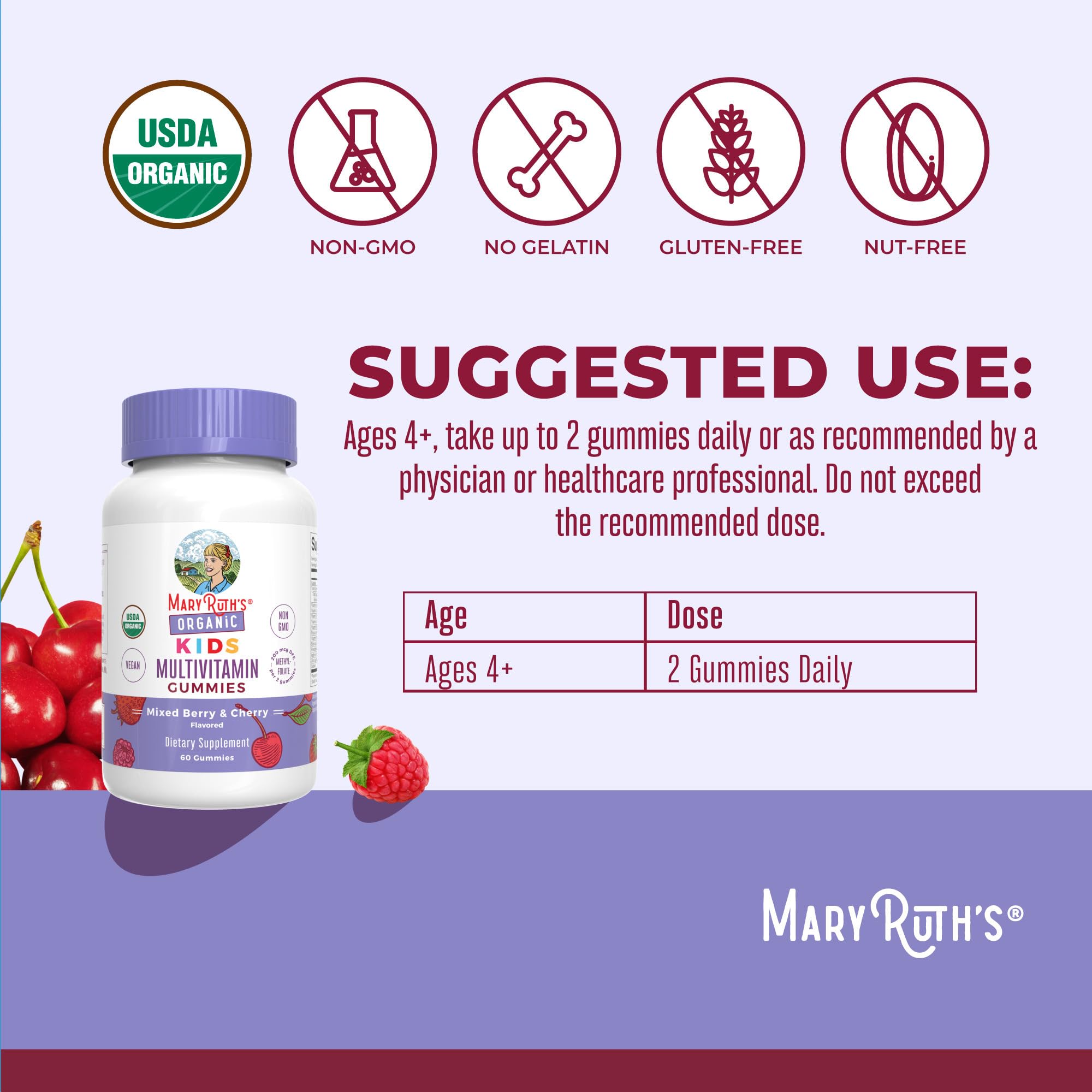 MaryRuth Organics Kids Multivitamin ages 4+ label shows kid-friendly packaging.