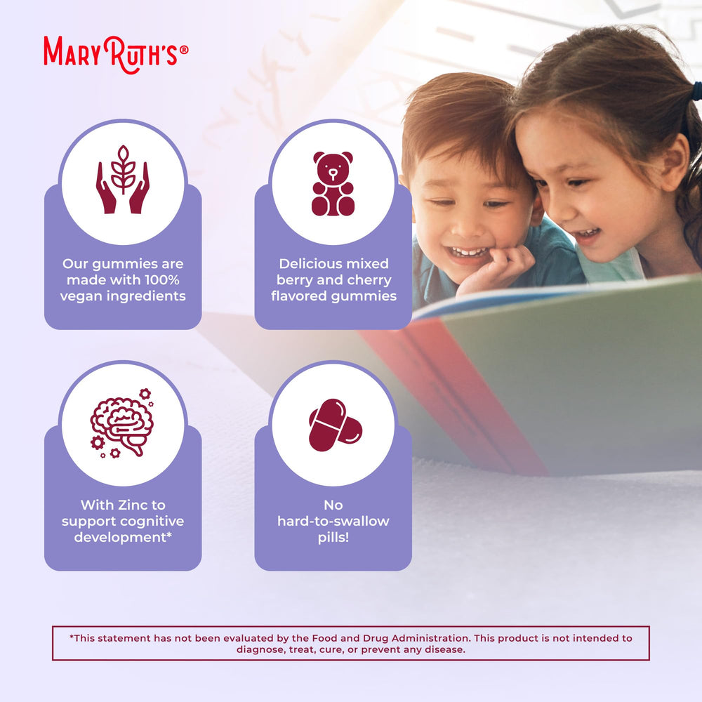 Vegan symbol on MaryRuth Organics label supports plant-based kids vitamins.