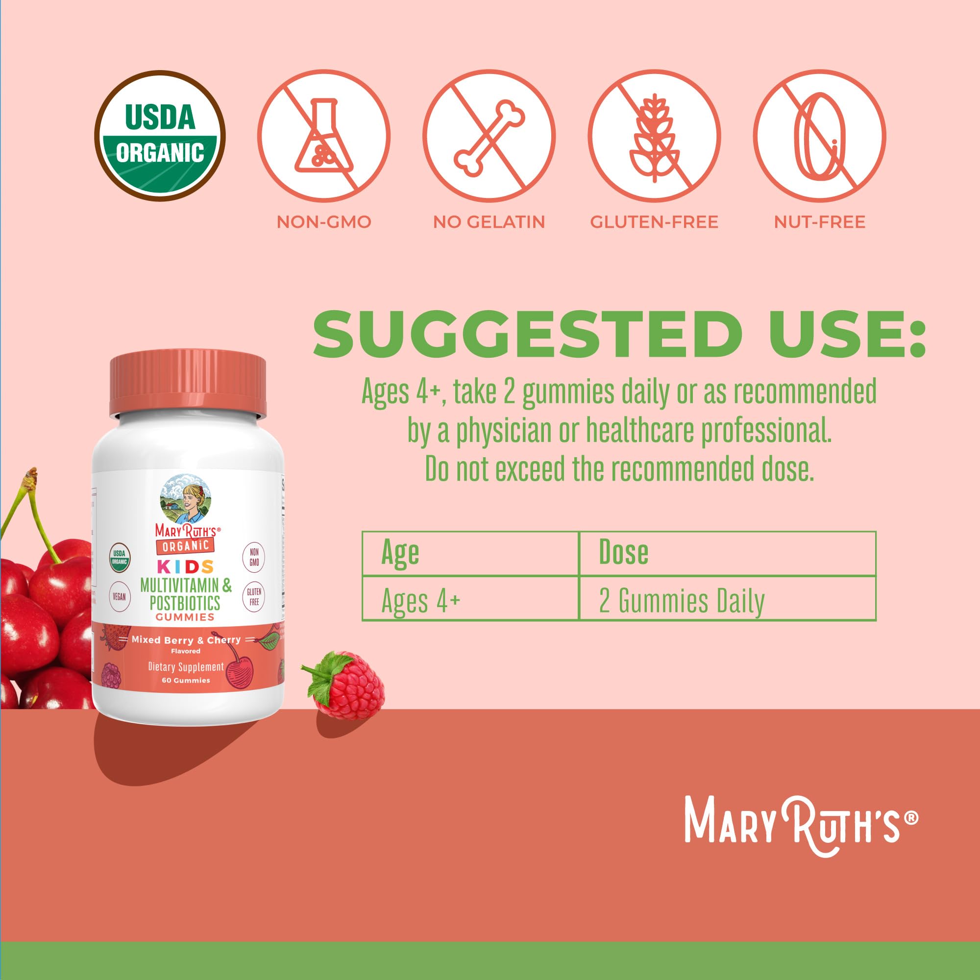 MaryRuths Kids Multivitamin Gummies cherry flavor chew for growth