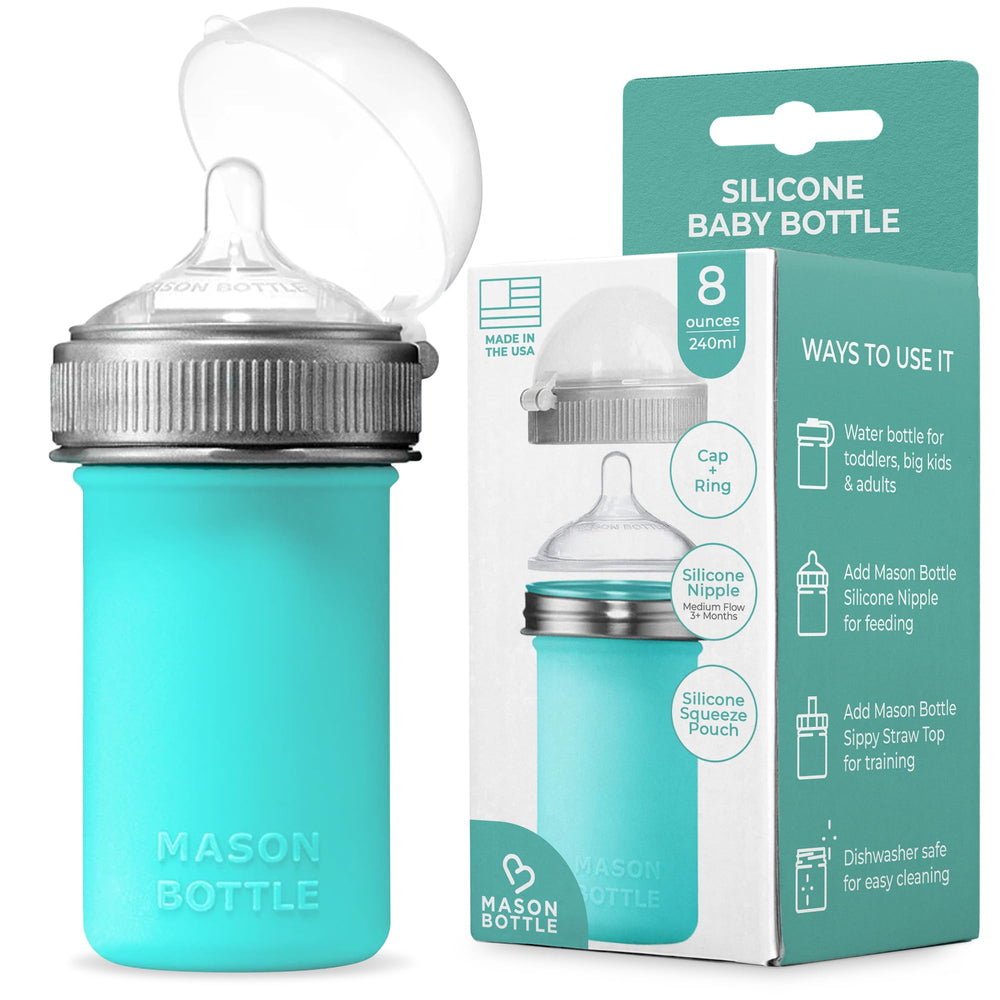 Mason Bottle teal 8oz silicone bottle for on-the-go feeding.
