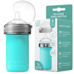 Mason Bottle teal 8oz silicone bottle for on-the-go feeding.