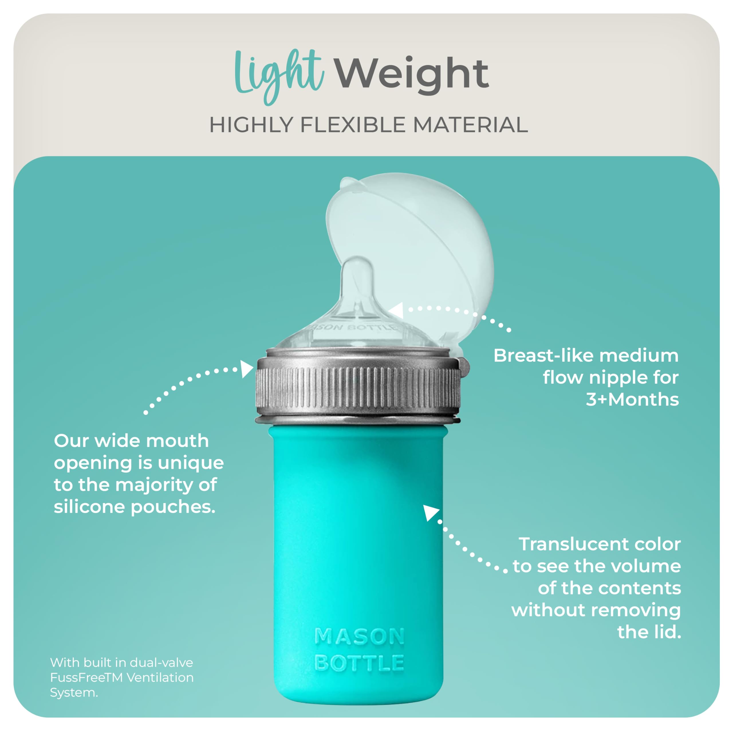 Mason Bottle anti-colic nipple with dual-valve reduces gas.