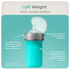 Mason Bottle anti-colic nipple with dual-valve reduces gas.
