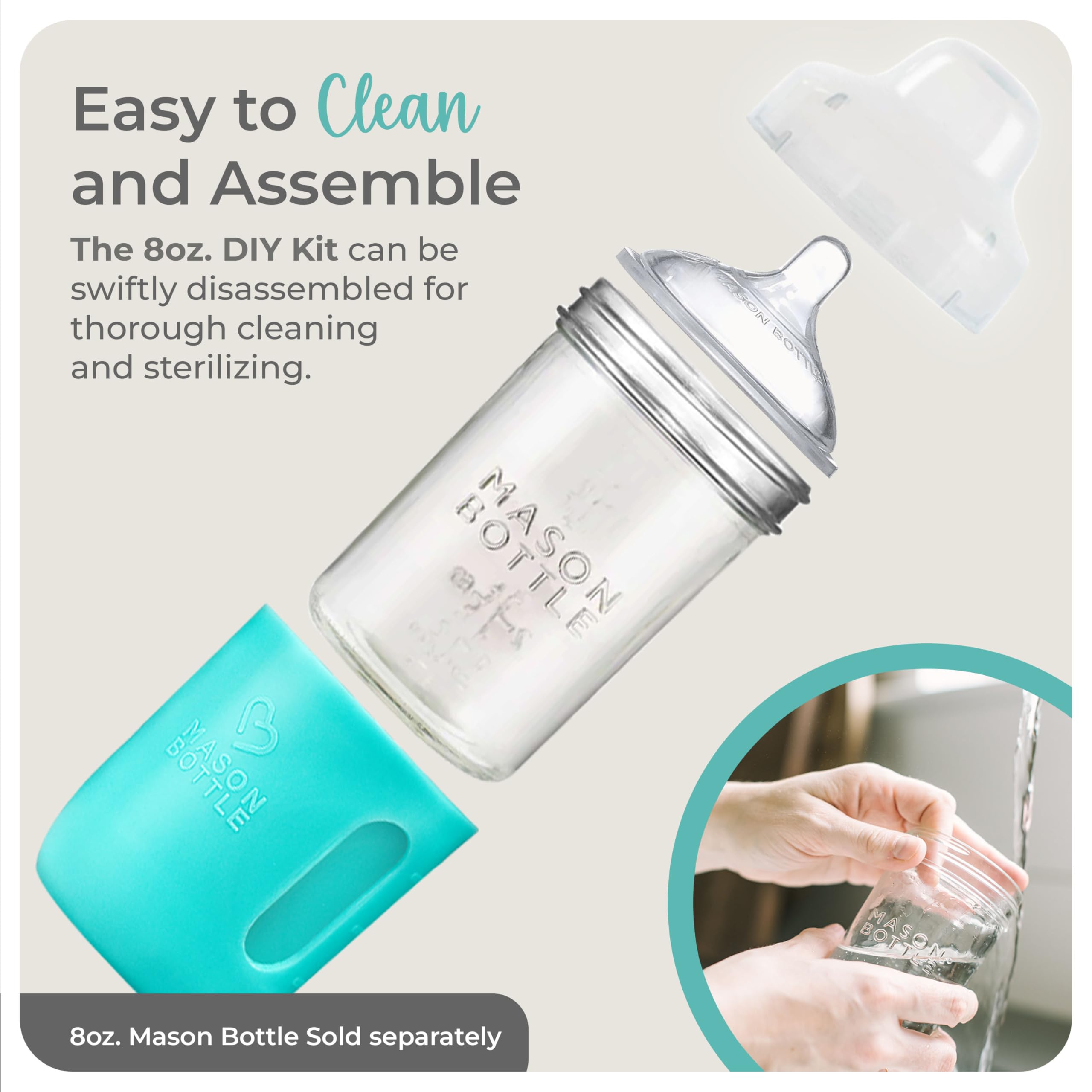 Mason Bottle silicone sleeve protects bottle while providing grip during feeding