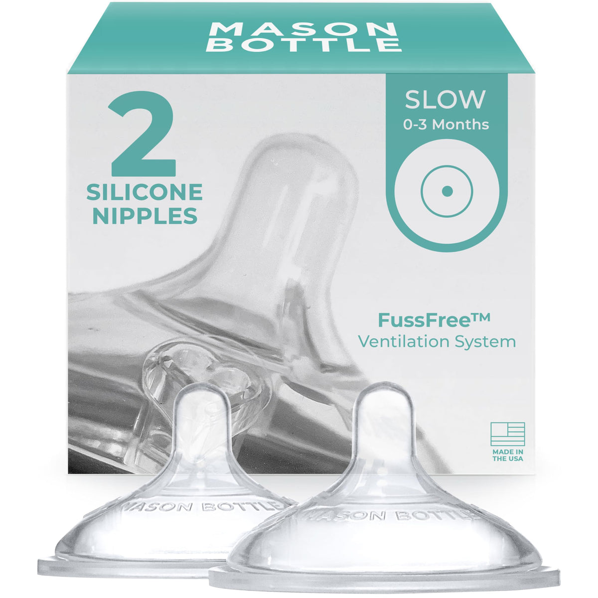 Mason Bottle slow-flow nipples for 0–3 months, gentle feeding option