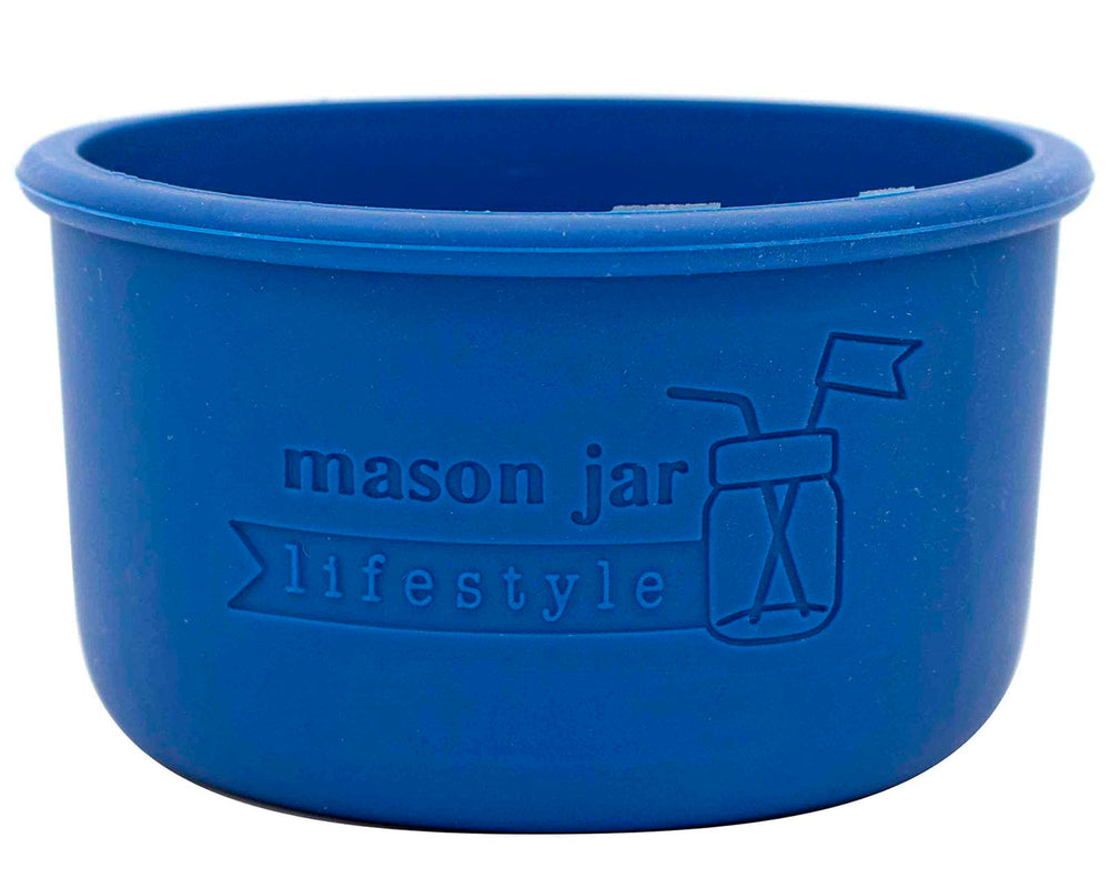 Mason Jar Lifestyle Deep Blue half-pint silicone sleeve protects Kerr jars during daily use