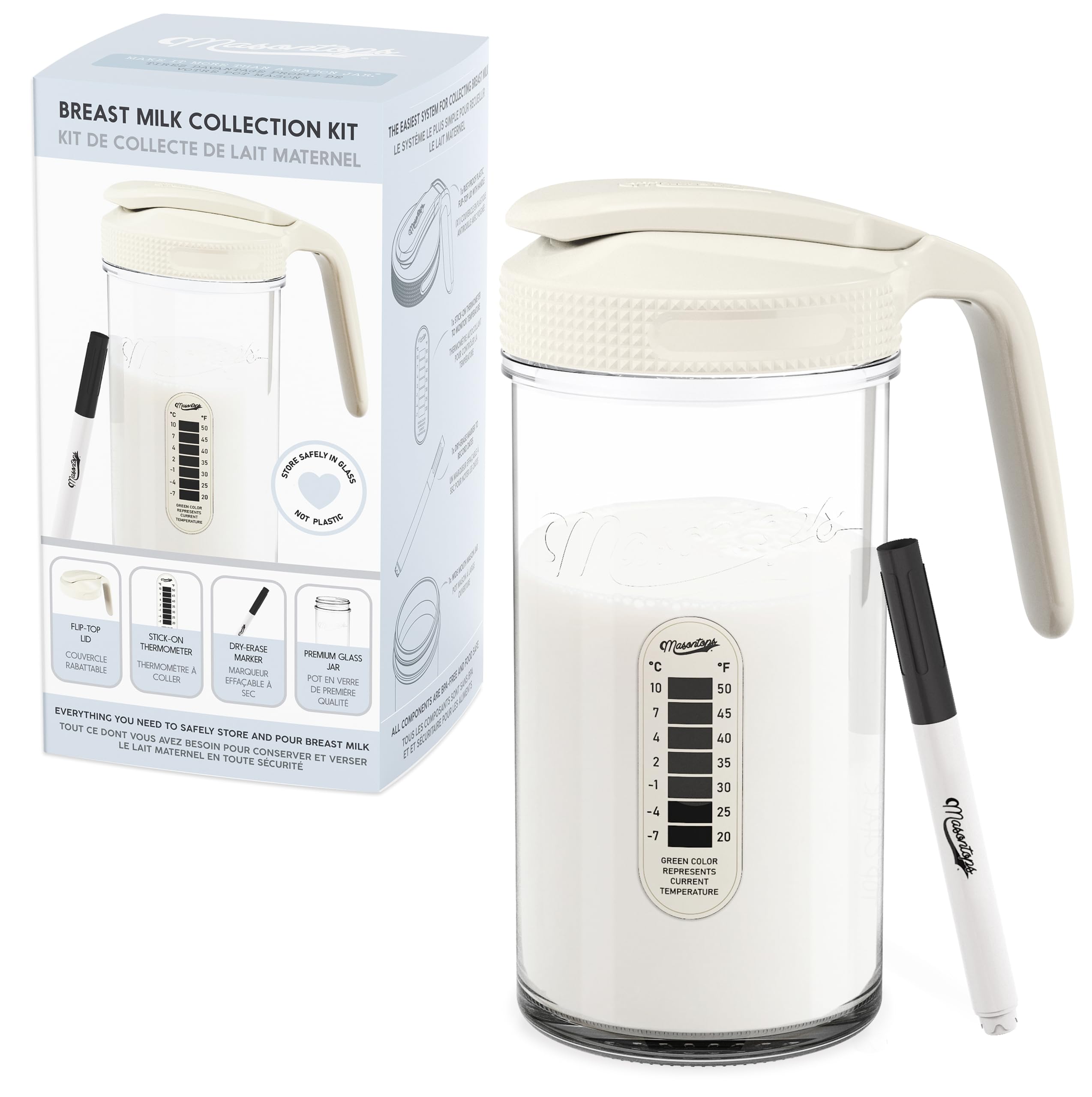 Masontops breast milk storage jar with handle for easy, mess-free pouring.