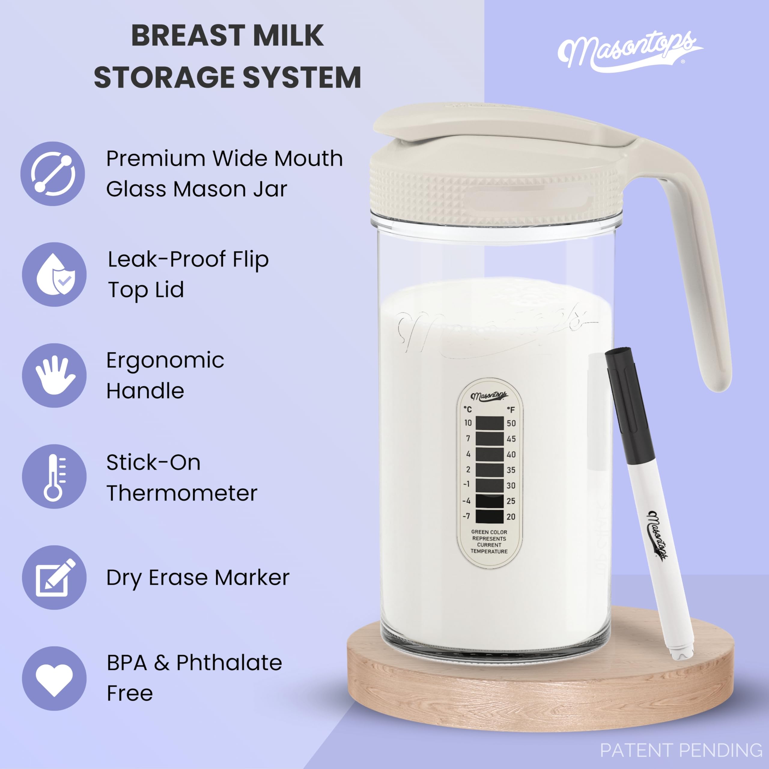 Masontops stick-on thermometer for quick temperature checks before feeding.