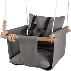 Mass Lumber baby swing seat dark gray offers secure, cozy seating for outdoor use.