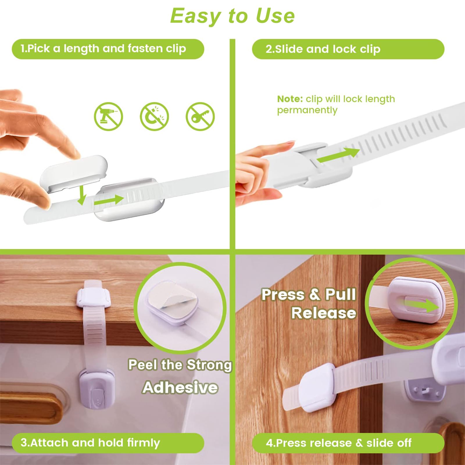 Matenf 4-Pack Child Proof Cabinet Locks — No-Drill, ABS Safety for Drawers & Fridges