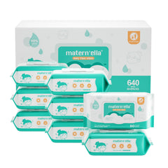 Maternella baby wipes in an 8-pack flip-top carton for easy on-the-go use.