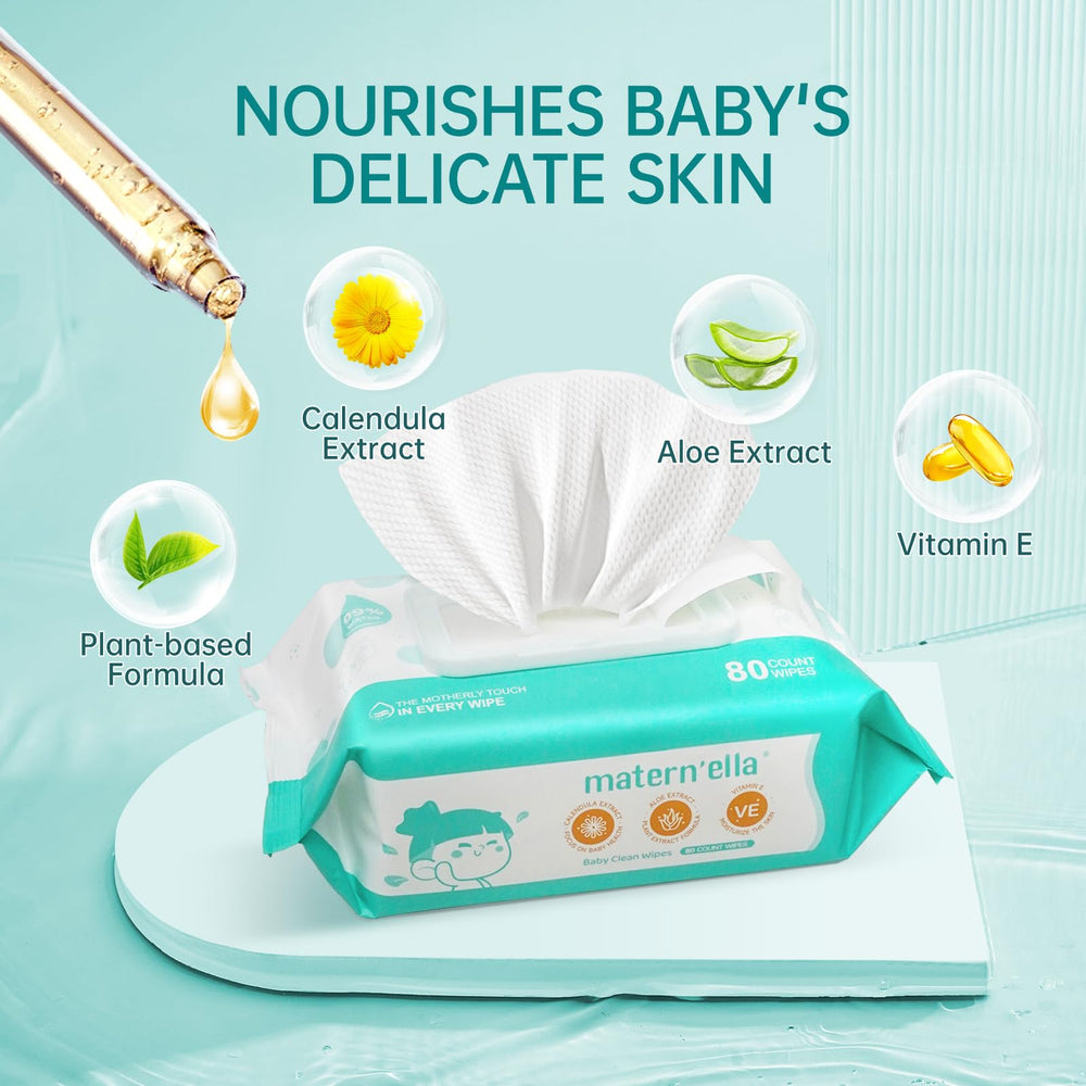 Maternella 99% water-based wipes for gentle cleansing.