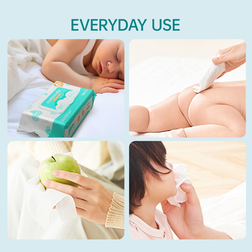 Maternella unscented wipes free of alcohol for gentle care.