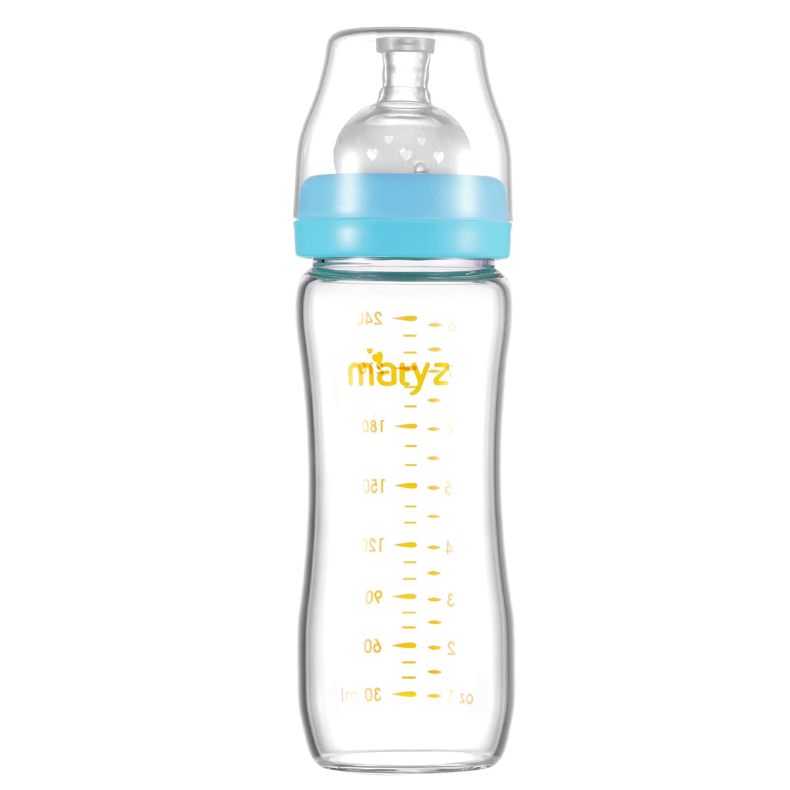 Matyz 8-ounce glass bottle with blue lid, sturdy grip for comfortable feeding.