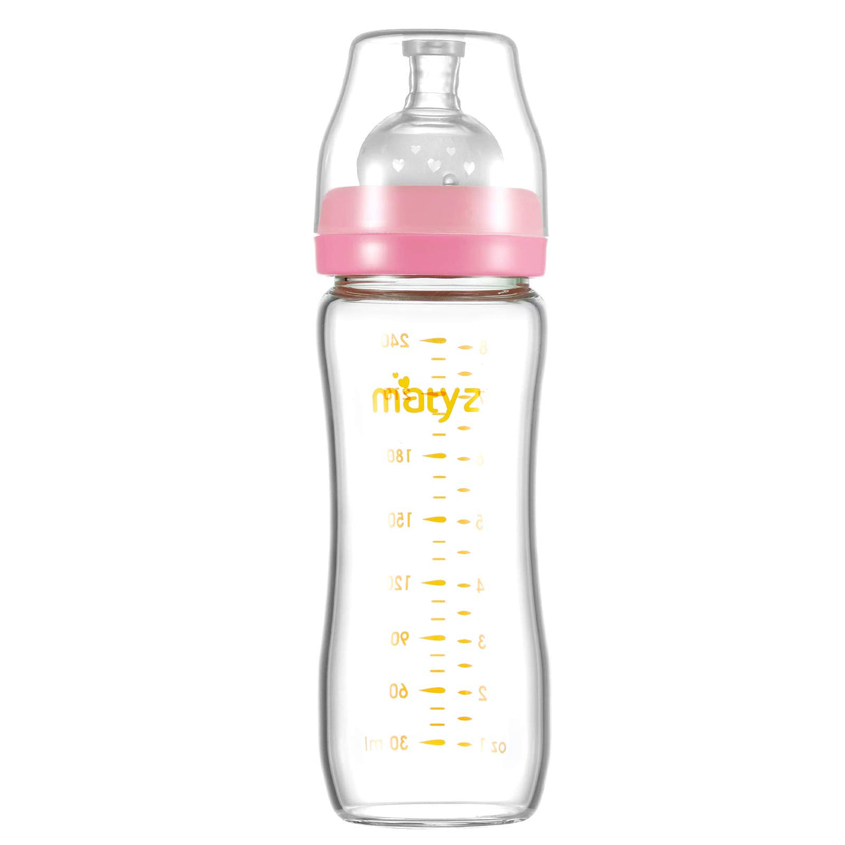 Matyz 8-ounce glass baby bottle with nipple, easy to hold for comfortable feeding.