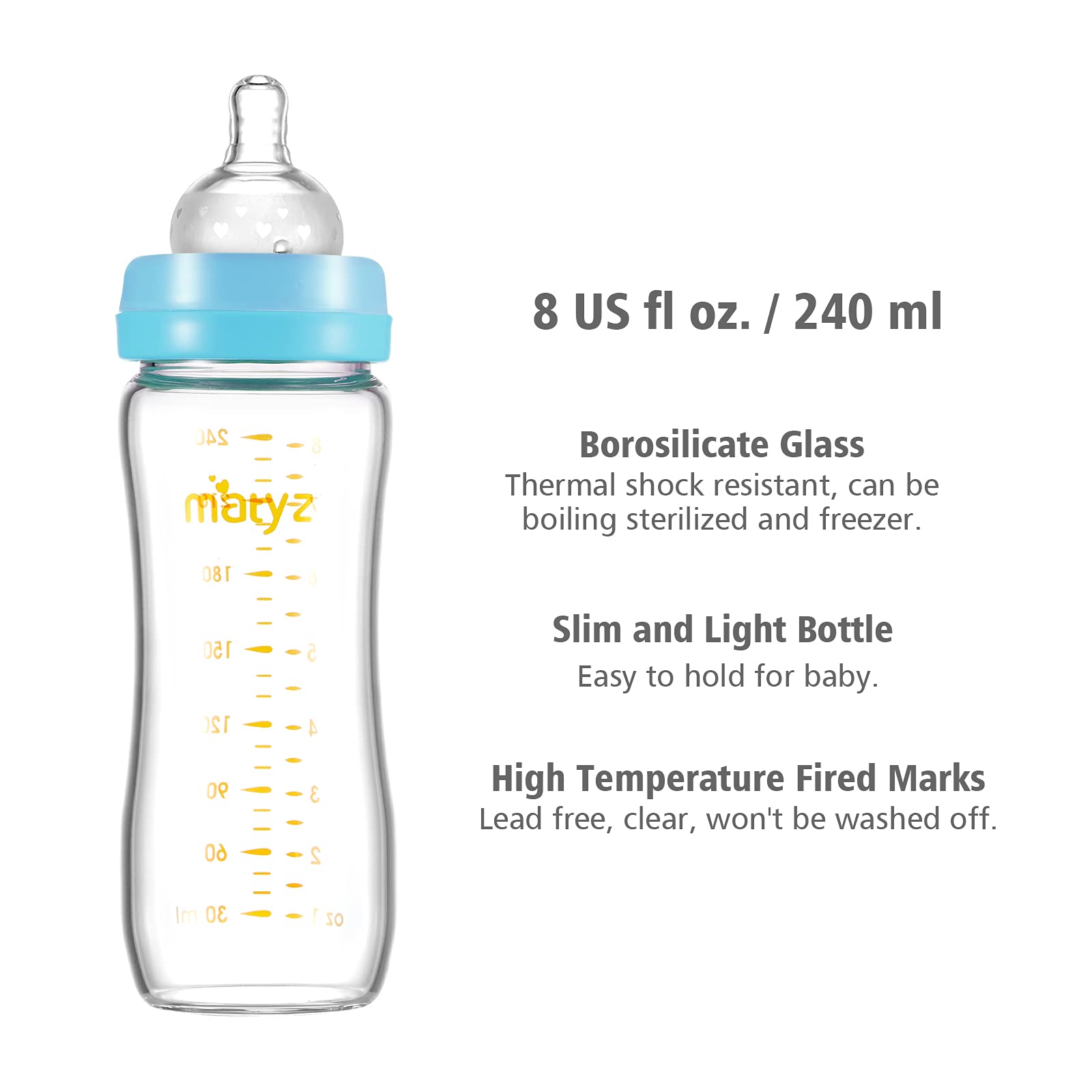 Matyz borosilicate glass bottle, thermally resistant and stable for daily use.