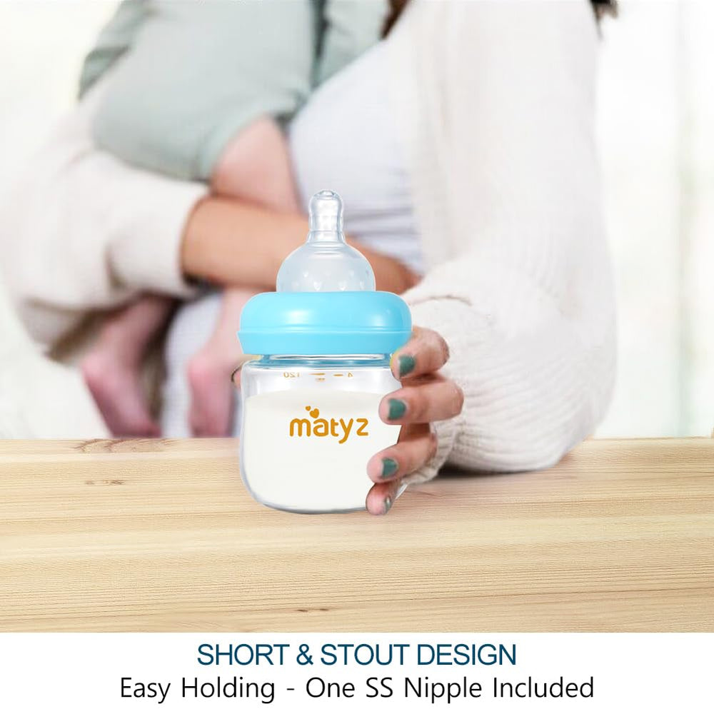 Matyz travel-cap included on blue 4oz bottle ready for on-the-go feeding