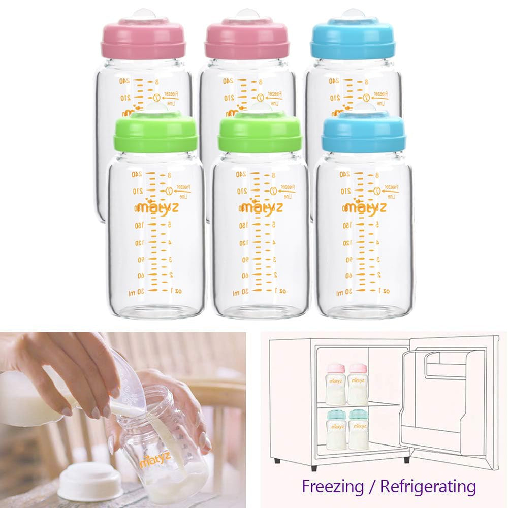 Matyz bottle compatible with Spectra wide-neck pumps for pumping and storing.