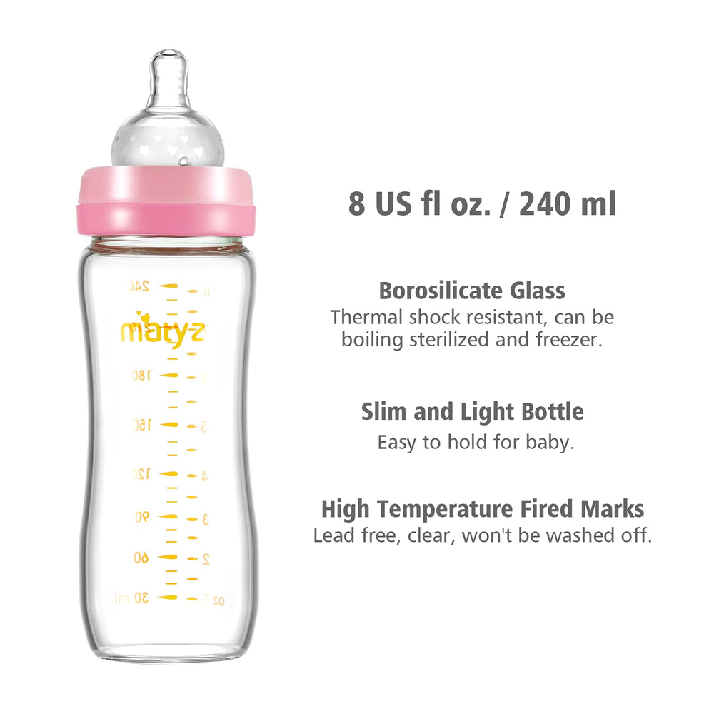 Matyz pink lids on the bottle, stylish design for on-the-go feeding.