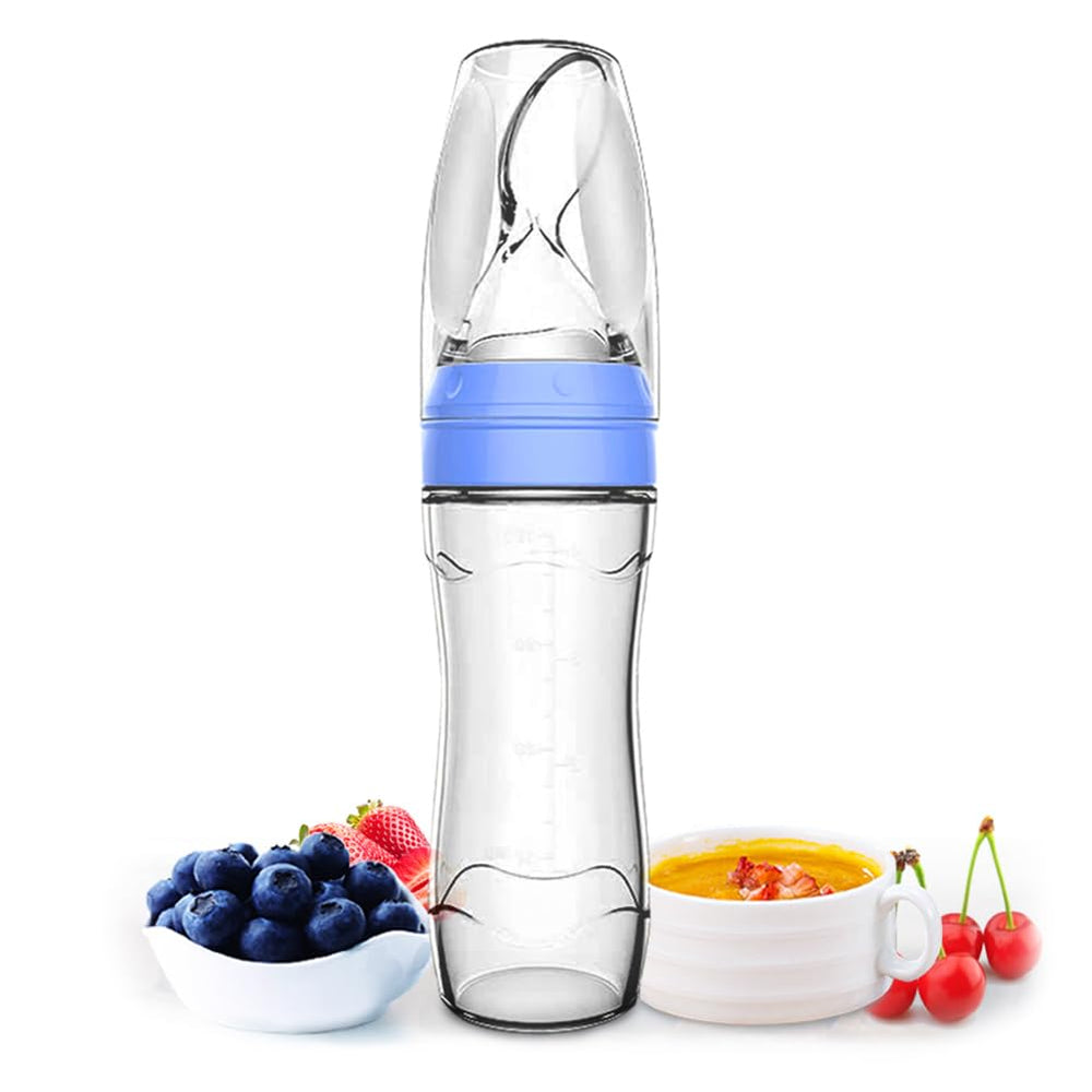 Matyz stand-up silicone spoon feeder in blue, enabling easy one-handed feeding for babies.